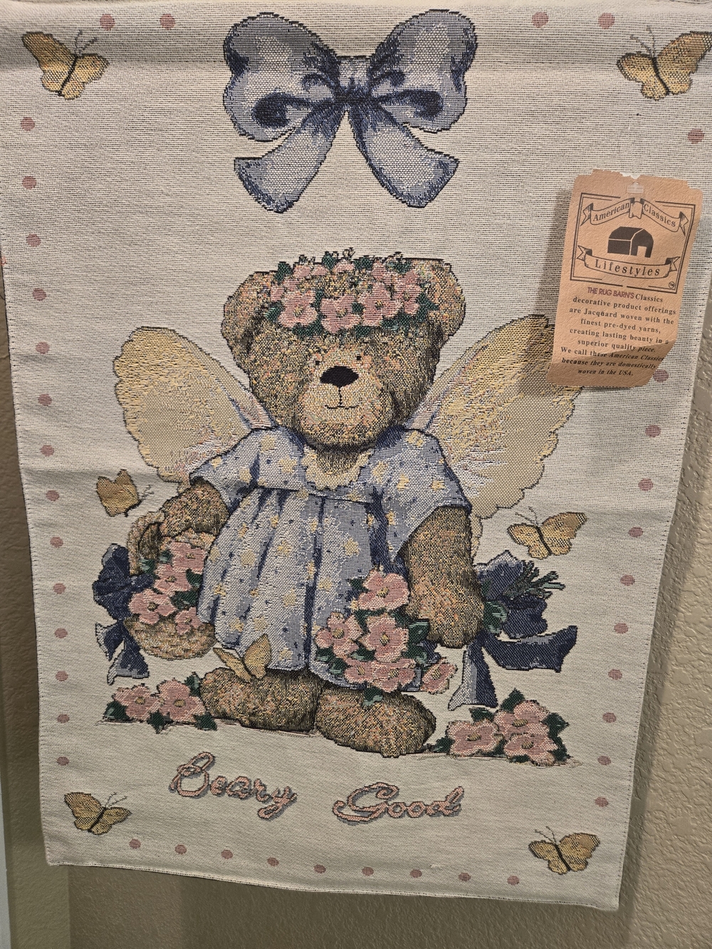 Vintage Boyds Teddy Bear Angel Decorative Tapestry Wall Hanging - Blue & Pink